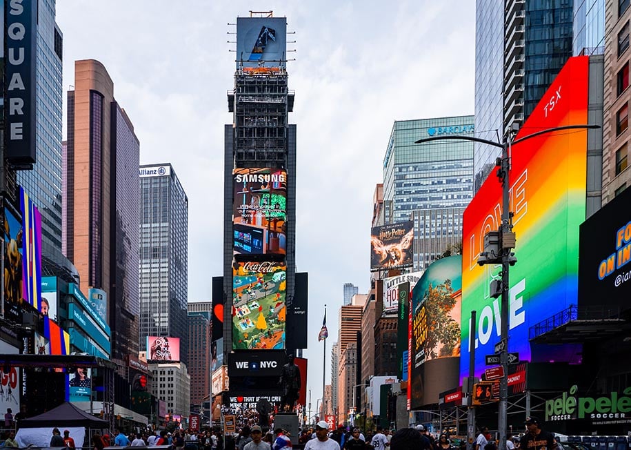 Times square lit up for pride month. New York, USA