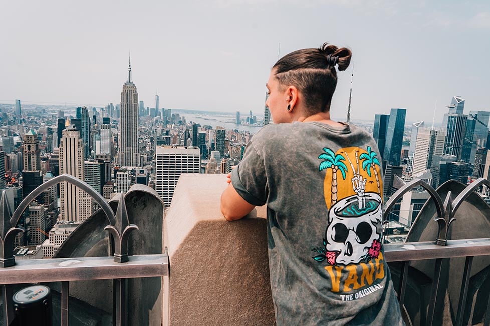 Nic looking out over te view of NYC from the Top of The Roxk, New York, USA