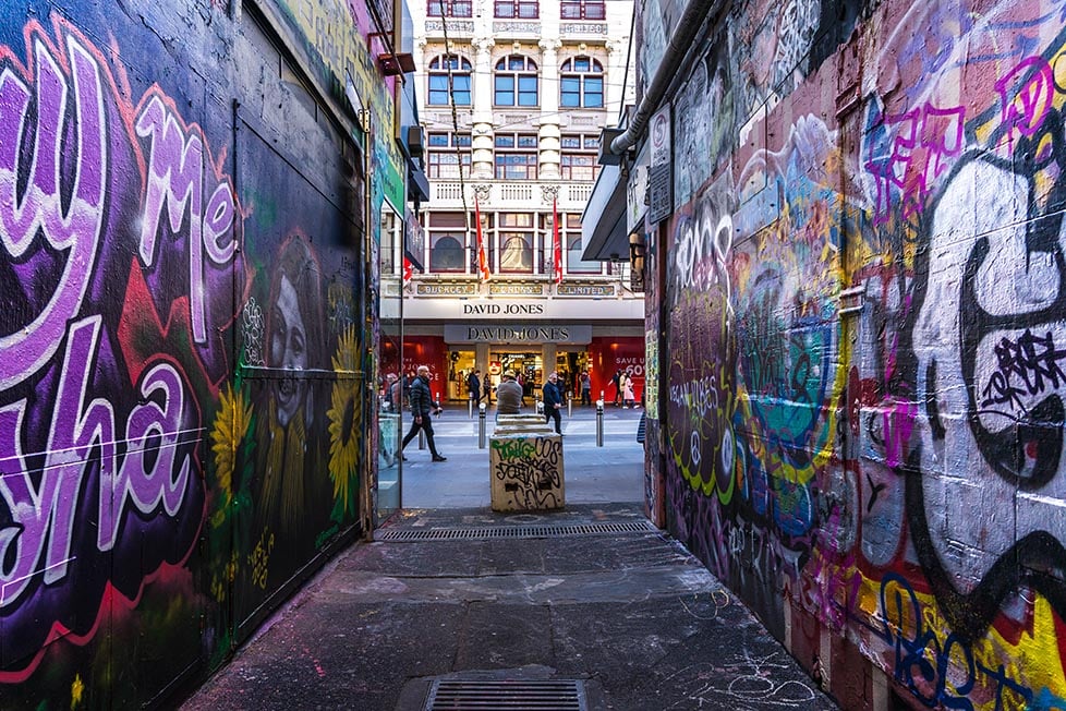 A lane way covered in street art in Melbourne, Australia.