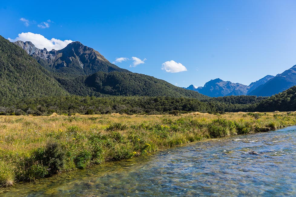 A clear gentle river with green fields and mountains in the distance near Queenstown, New Zealand