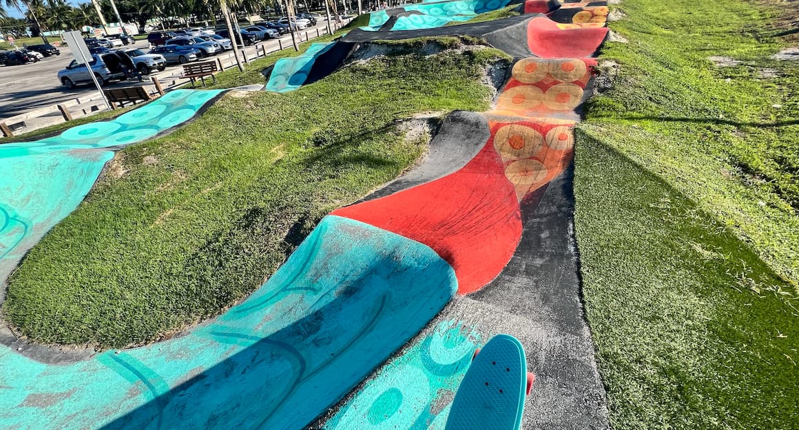 a painted pump track and a skateboard at Haulover Skate Park in Miami, Florida, Usa 