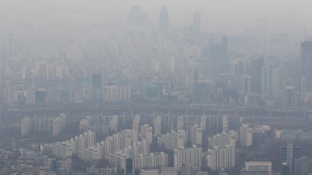 seoul south korea under a massively thick cloud of smog pollution