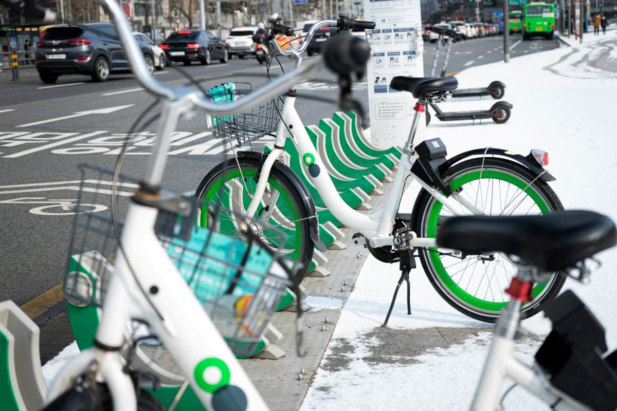 green and white public bicycles are a great tip to get around seoul south korea cheaply