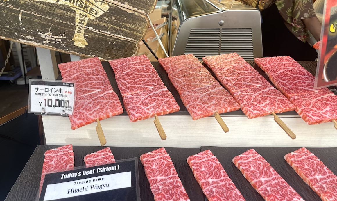 Yummy Waygu beef on the streets of Osaka, Japan.