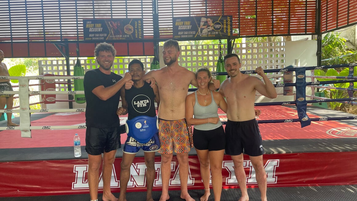 dani and friends at a muay thai class in Thailand