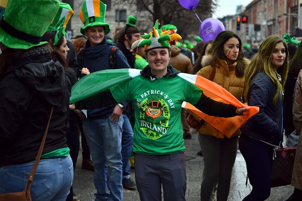 Nic wearing Irish colours and a St Patrick's Day t-shirt and hat on St Patrick's Day in Dublin, Ireland