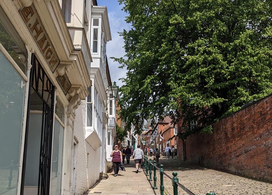 People walking along a Lincoln street bordered by white buildings and shaded by a lush tree.