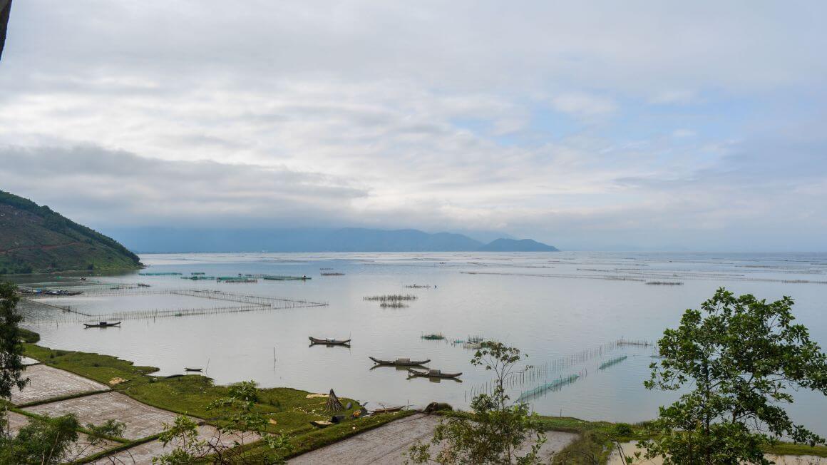 View over the coastline with vietnamese boats