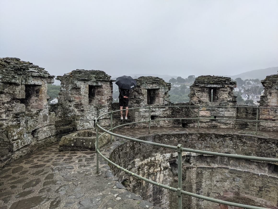 Man stood facing away under an umbrella in the rain at the top of a medieval castle turret