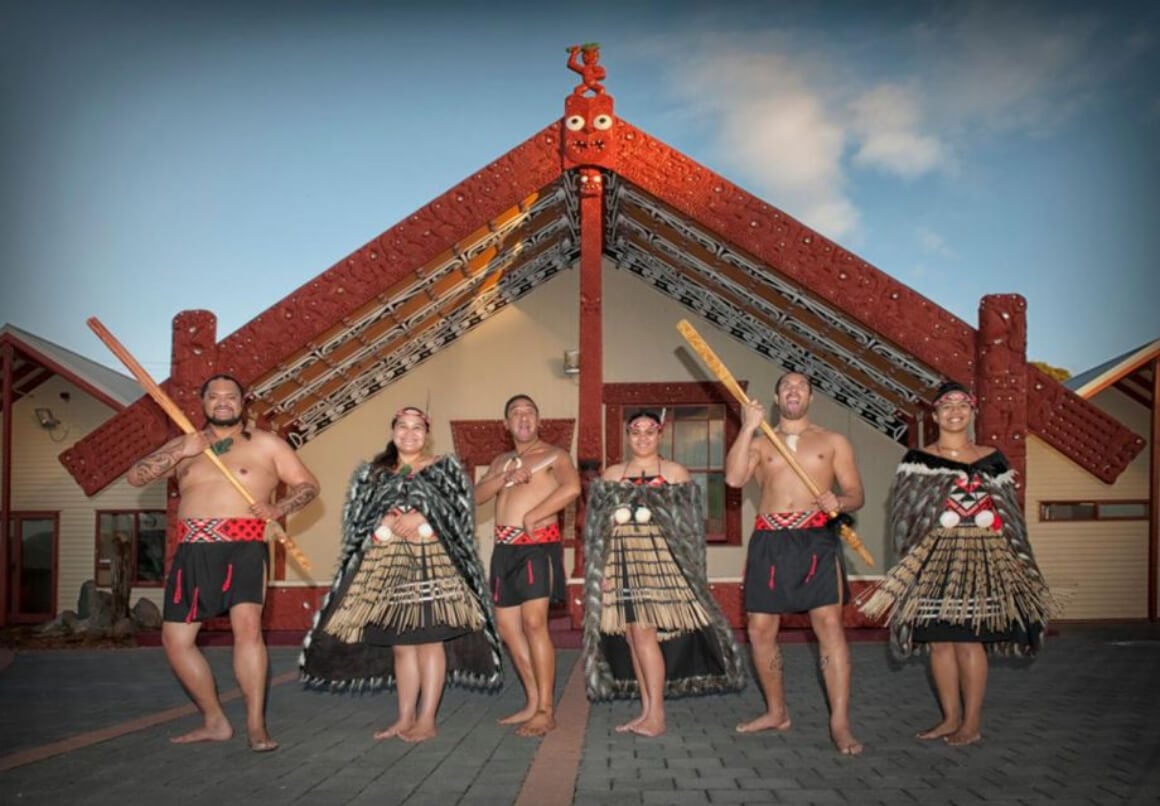 Maori Haka outside a marae, Rotorua Maori Village Polynesian Spa, New Zealand