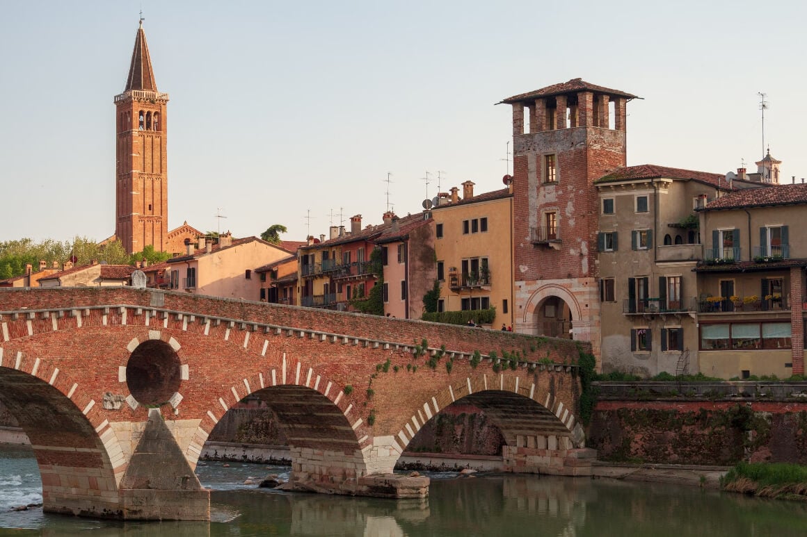 a bridge leading to the historic centre in verona, italy