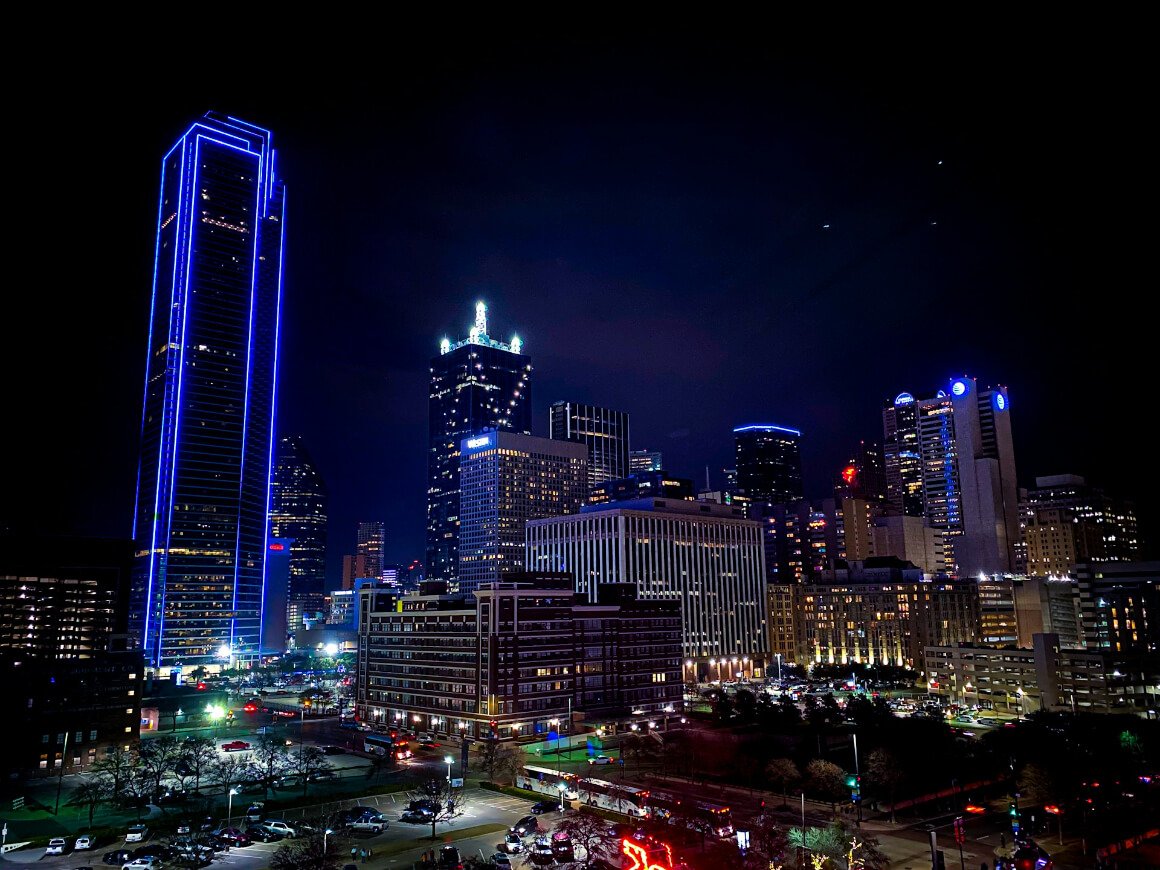sparkling skyline of dallas in the dark