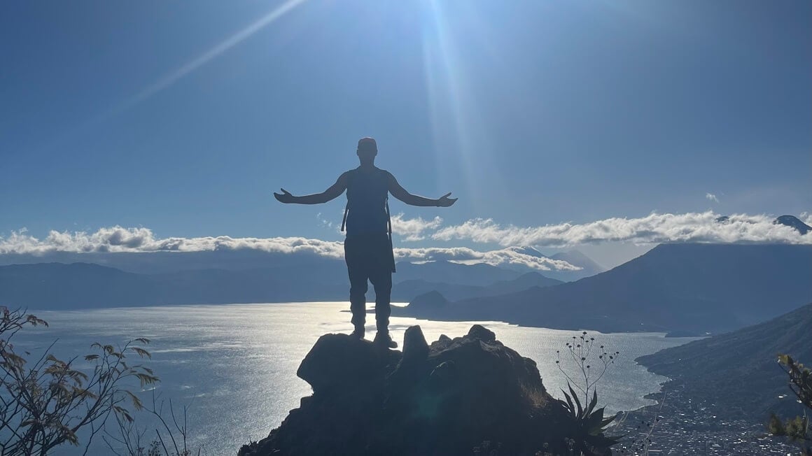 Joe at Lake Atitlan after sunrise hike to Indian Nose