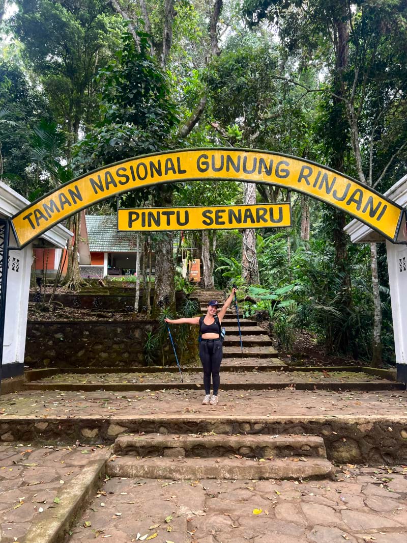 taya standing at the mount rinjani ending point senaru village day 3 hike