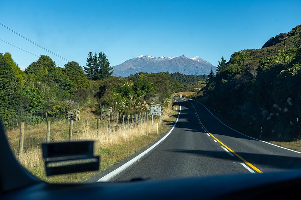 The view of mt rapanui through a car window in New Zealand on the north island on a road trip