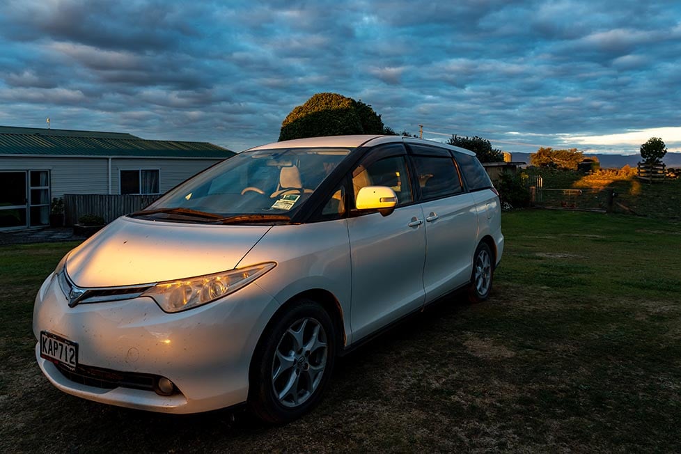 A campervan at sunset in New Zealand