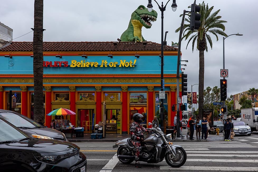 A motorbike pulled up at the lights in Hollywood, Los Angeles, California