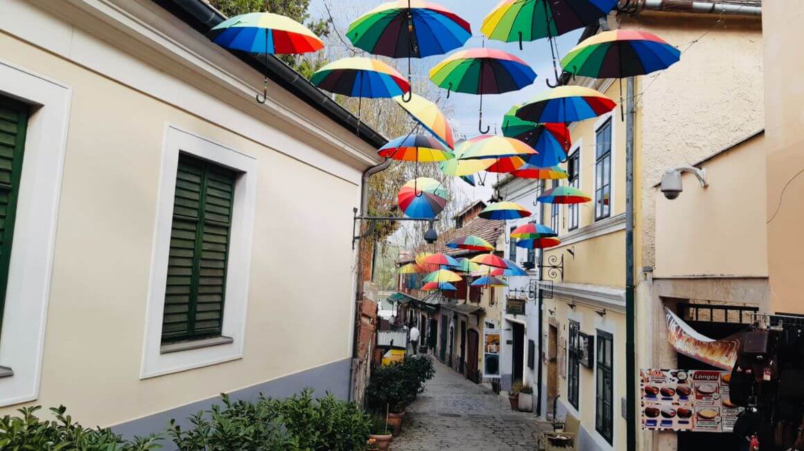 rainbow umbrellas covering a walk way in danube bend hungary
