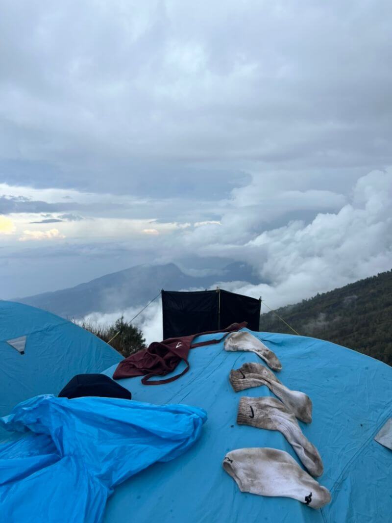 mount rinjani travels drying wet socks on top of tent