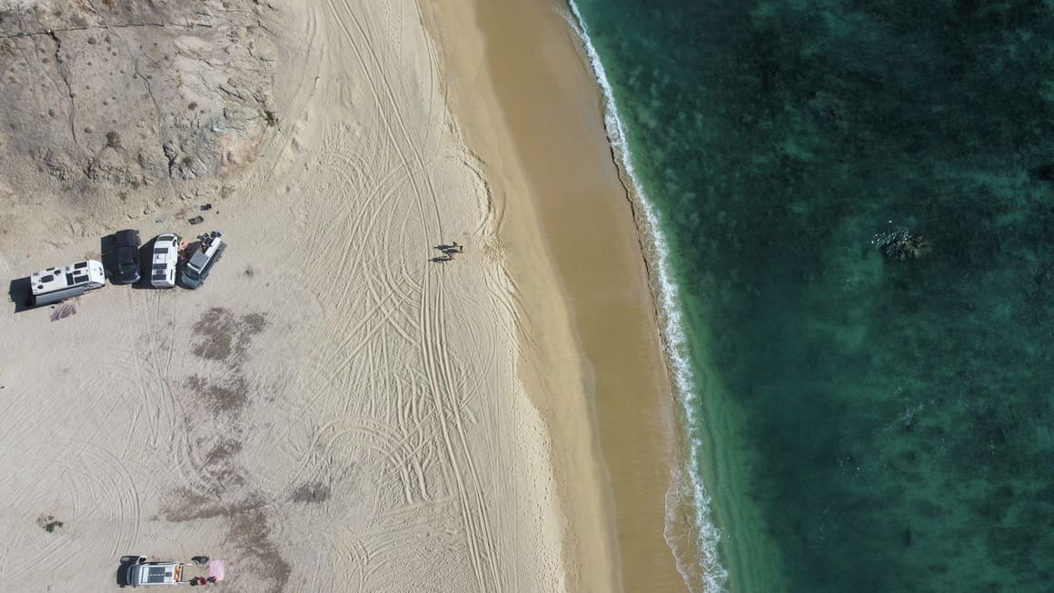 mexico baja beach blue water ocean drone shot van life