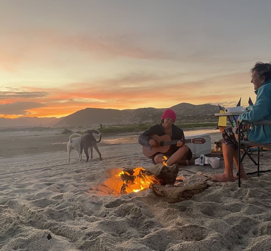 mexico baja sunset beach camp fire guitar camping