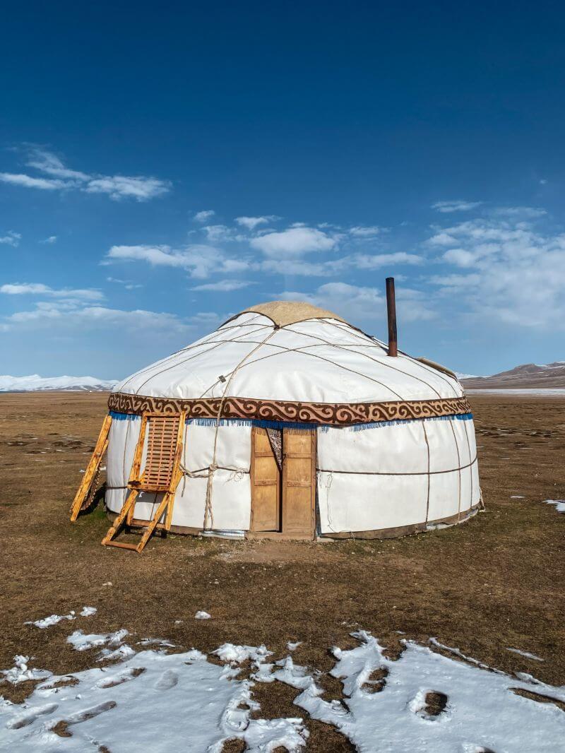 traditional yurt at song kul snowy meadow