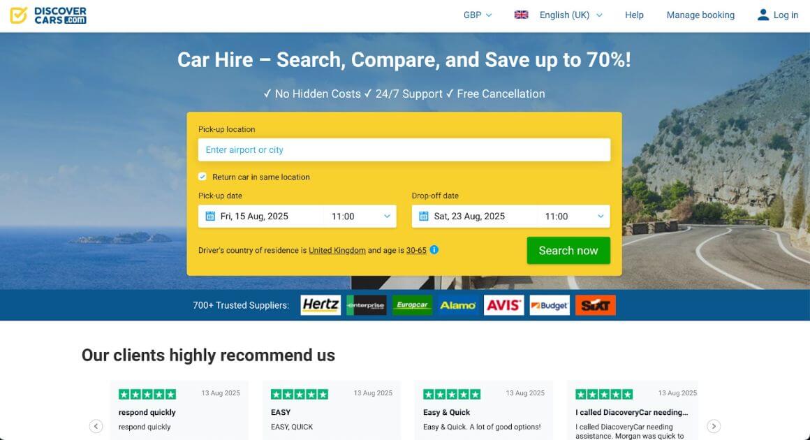 Discover Cars Rental Review homepage