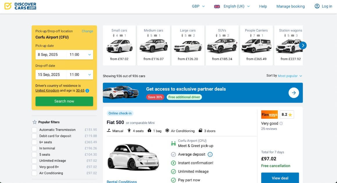 Discover Cars Rental Review search result