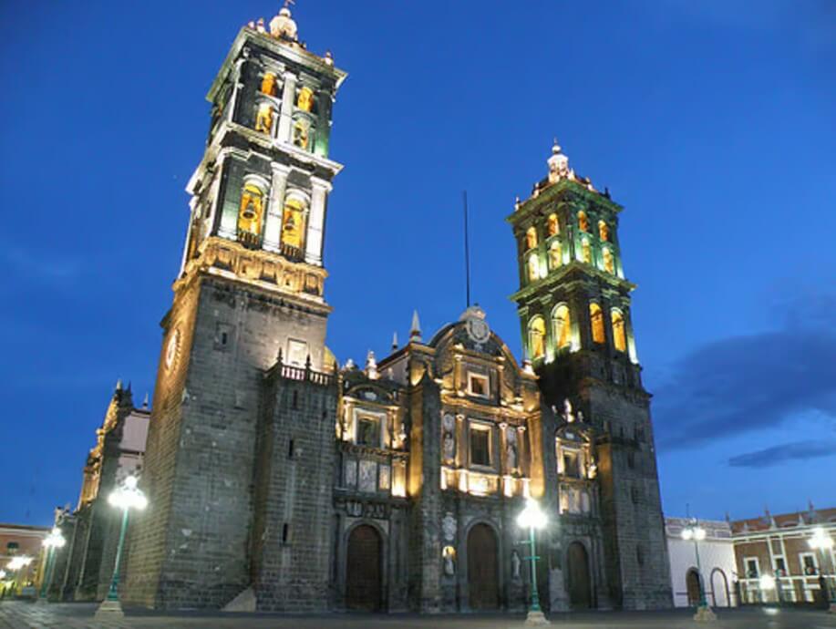 Puebla Cathedral lit up at night