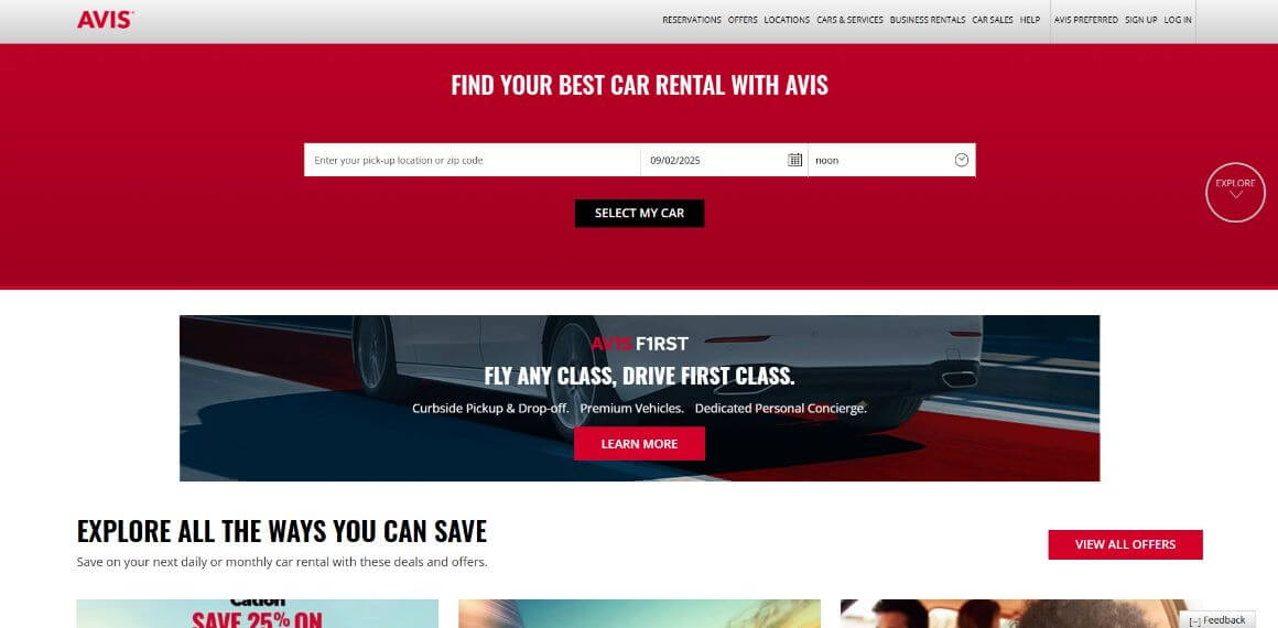 avis car rental homepage