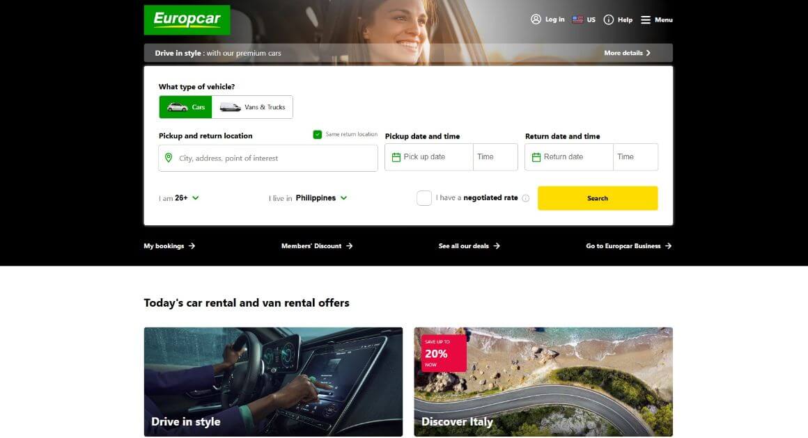 europcar car rental homepage