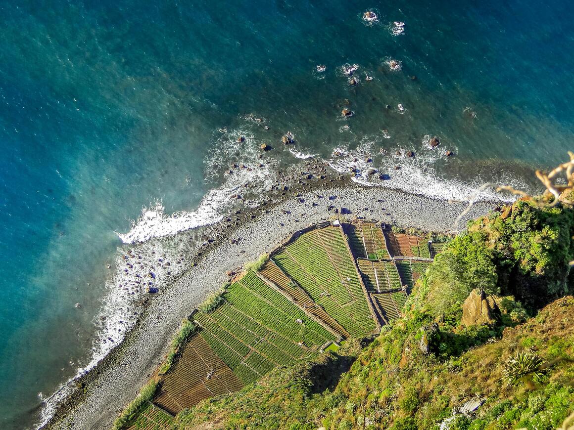 view of bright green fields and a light blue sea crashing against the sand in madeira from the cabo girao skywalk