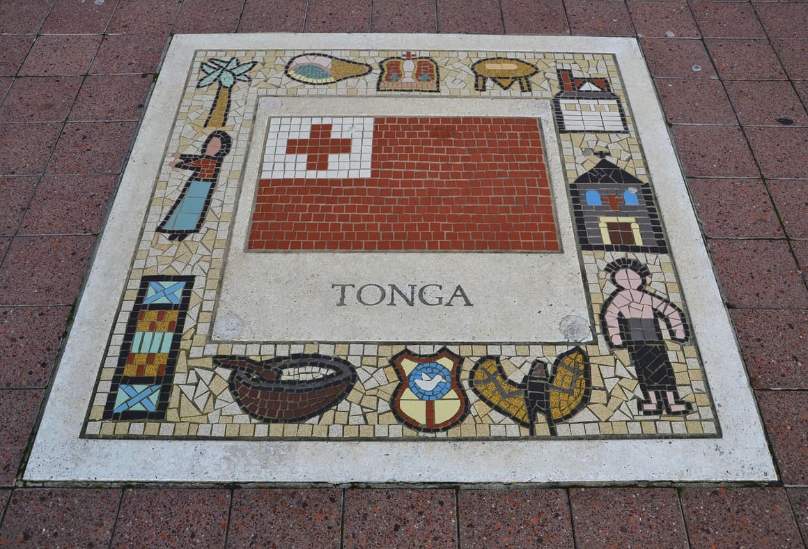 Street tiles in Tonga displaying an artistic portrayal of items of significance in Tonga