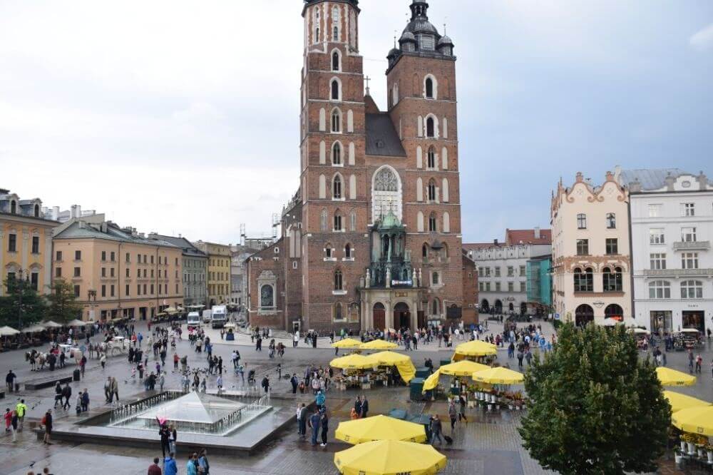 view of the Krakow Main Square on a cloudy day