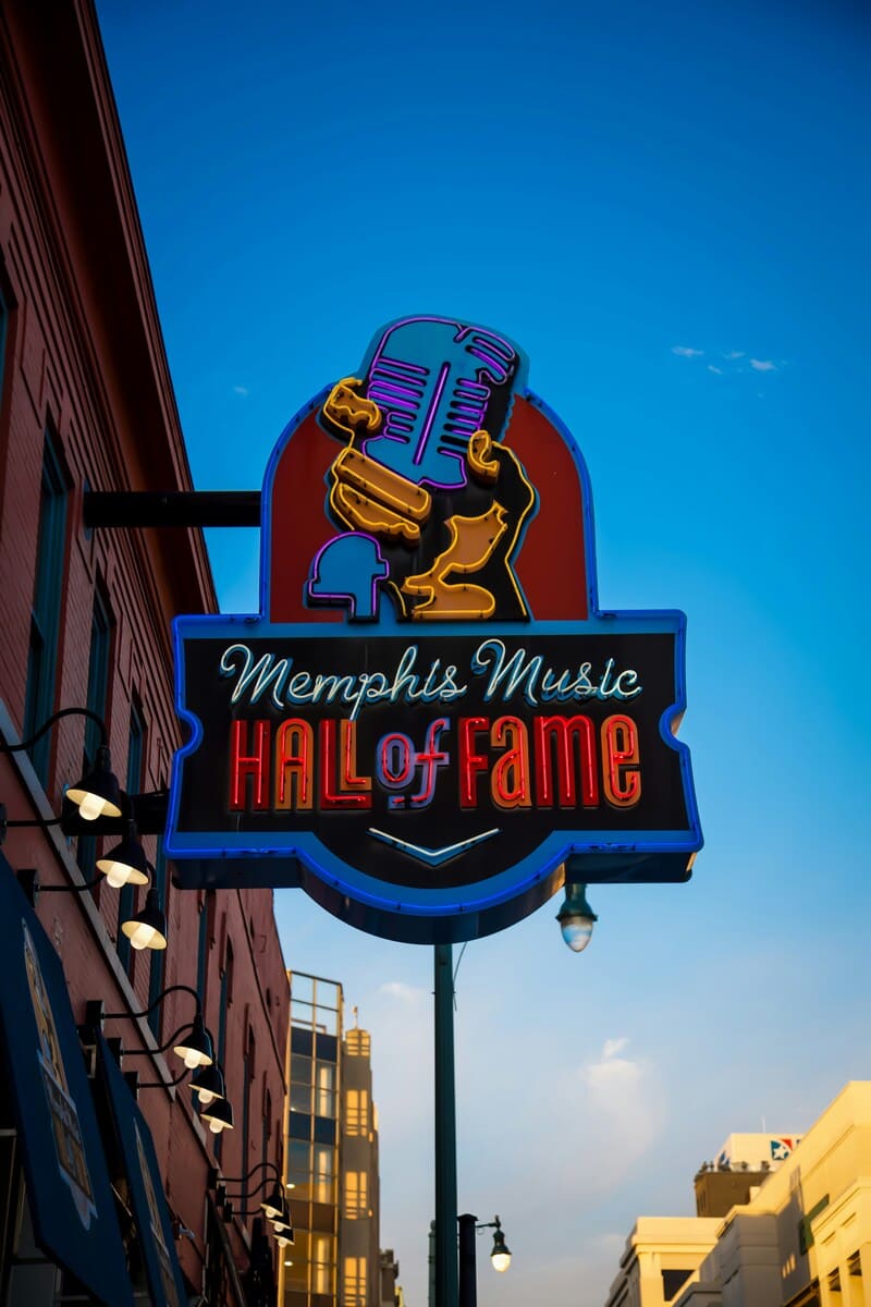 The neon lights of the Memphis music hall of fame in memphis, USA