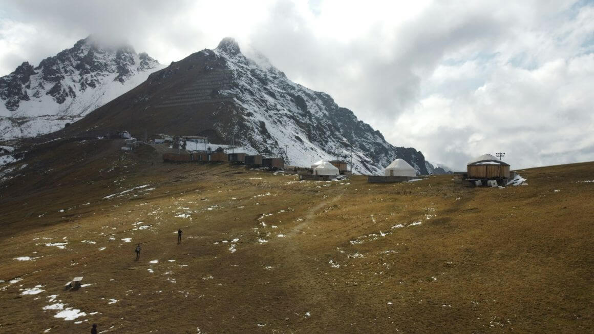 village yurt on top of snowy mountain plateau