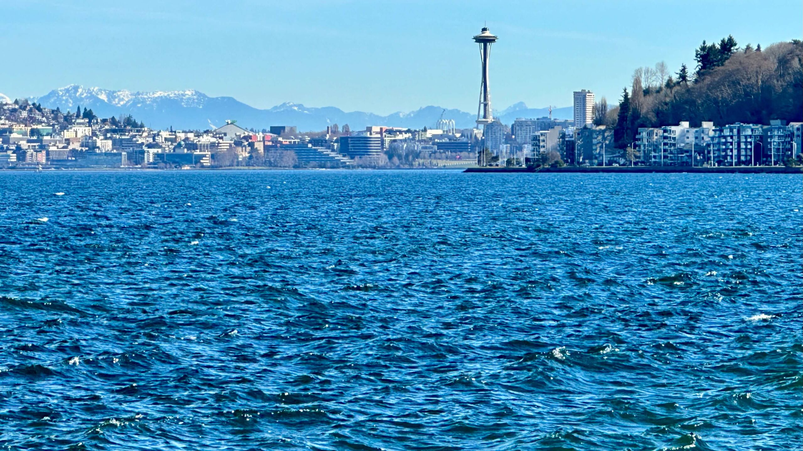 The view of Seattle and the Cascades from West Seattle over the water