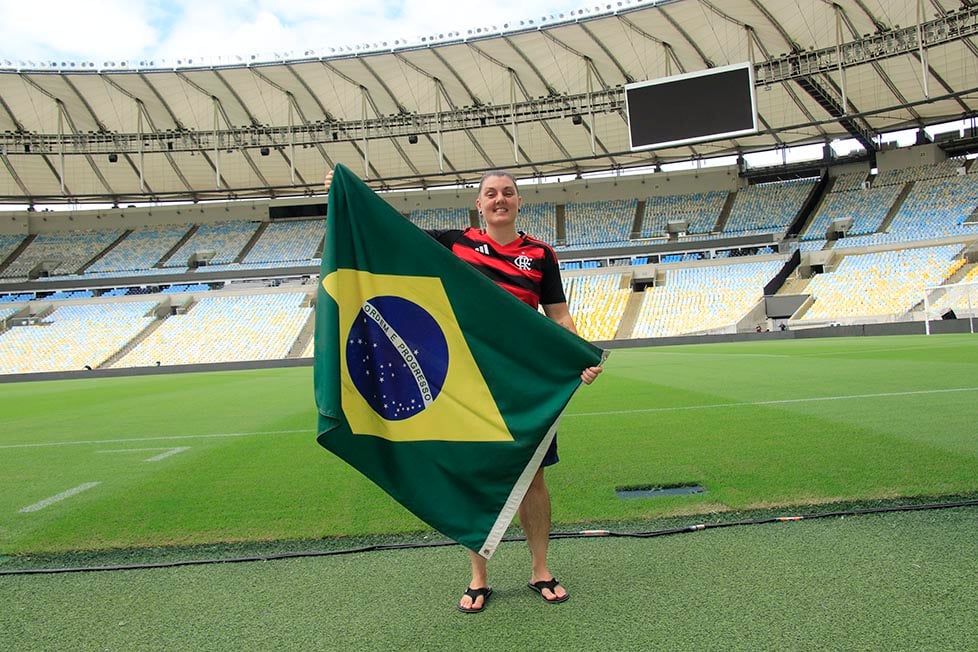 Nic in the Maracana football stadium in Rio de Janeiro, Brazil.