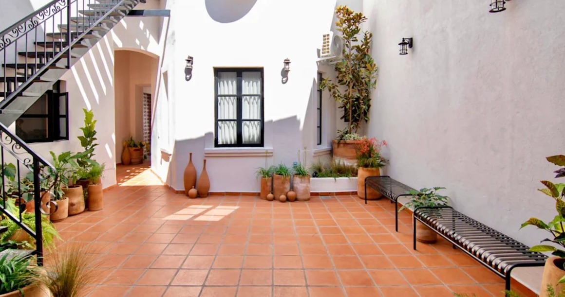 The courtyard outside Casa Irake, a hostel in Guadalajara, Mexico.