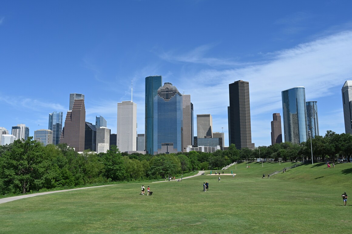 people chilling on a vast green park beneath skyscarpers in Houston, Texas