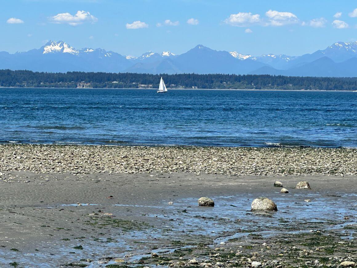 white boat sailing in clear blue skies with mountain view