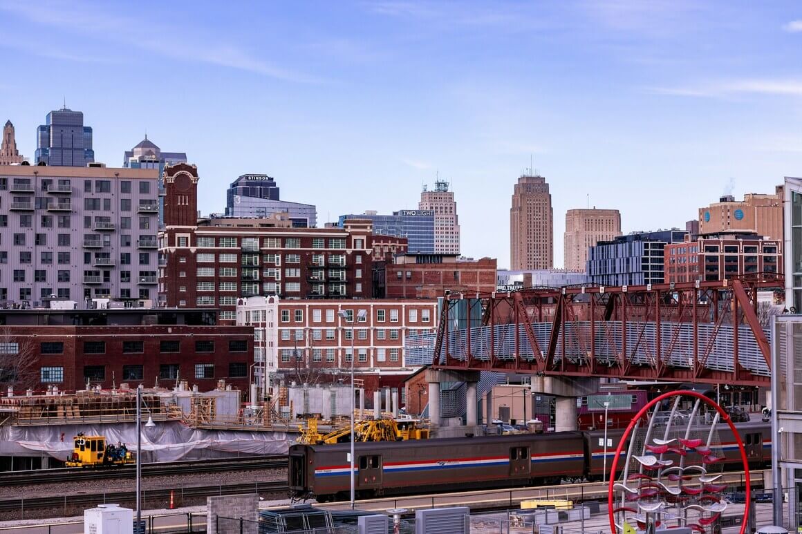 view of train and the cityscape of kansas city missouri