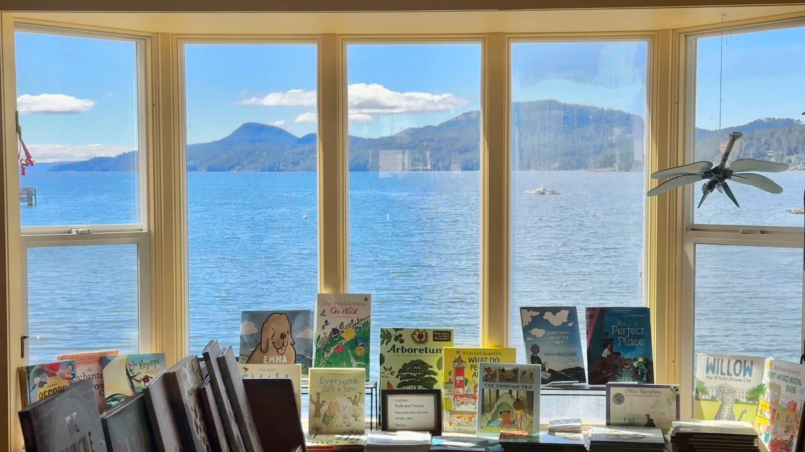 Darvill's bookstore in Eastsound, on Orcas Island in Washington. A view out out the window, with books in the foreground and the sea and hills out the window.