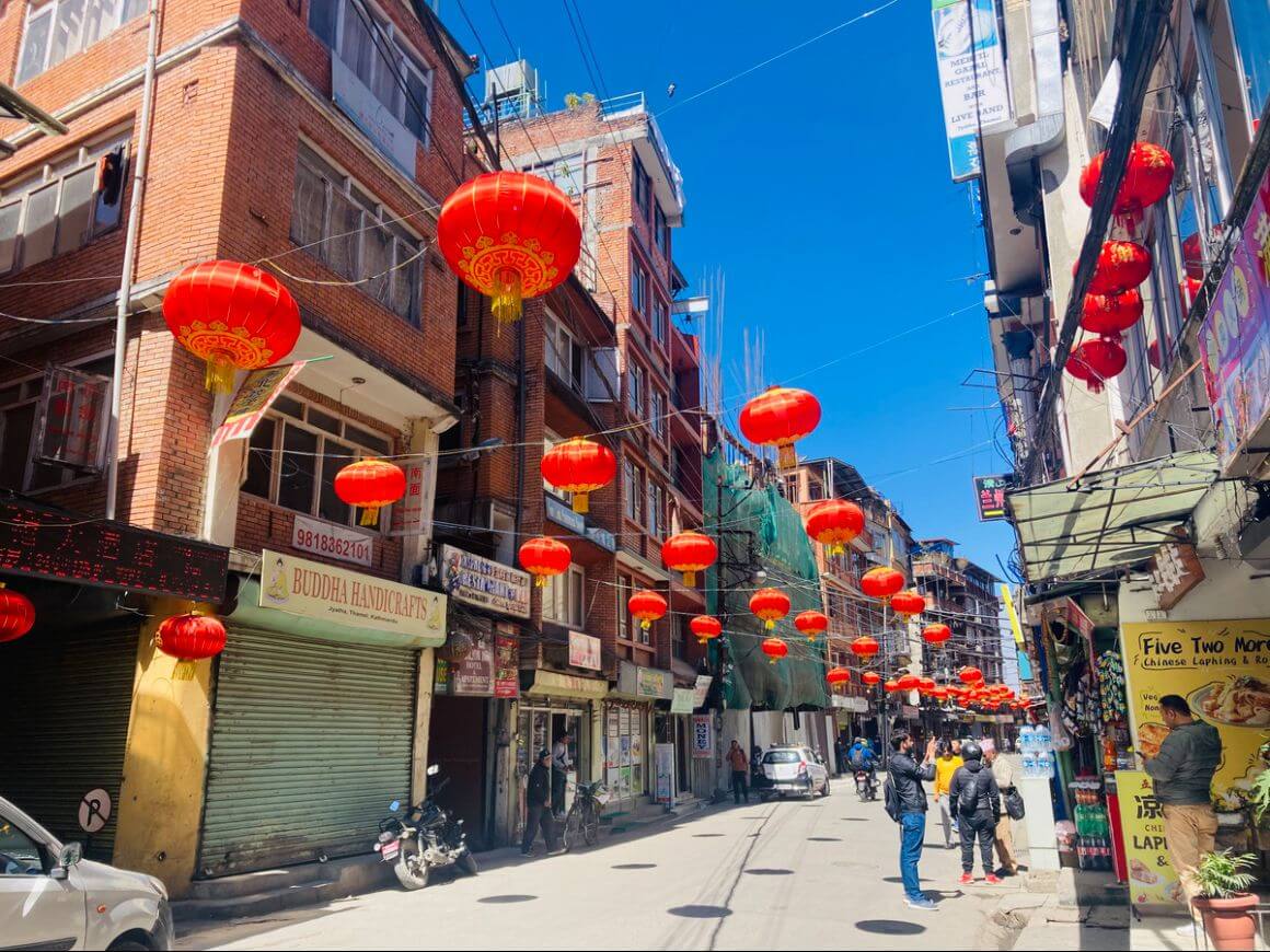 thamel streets with hanging lanterns