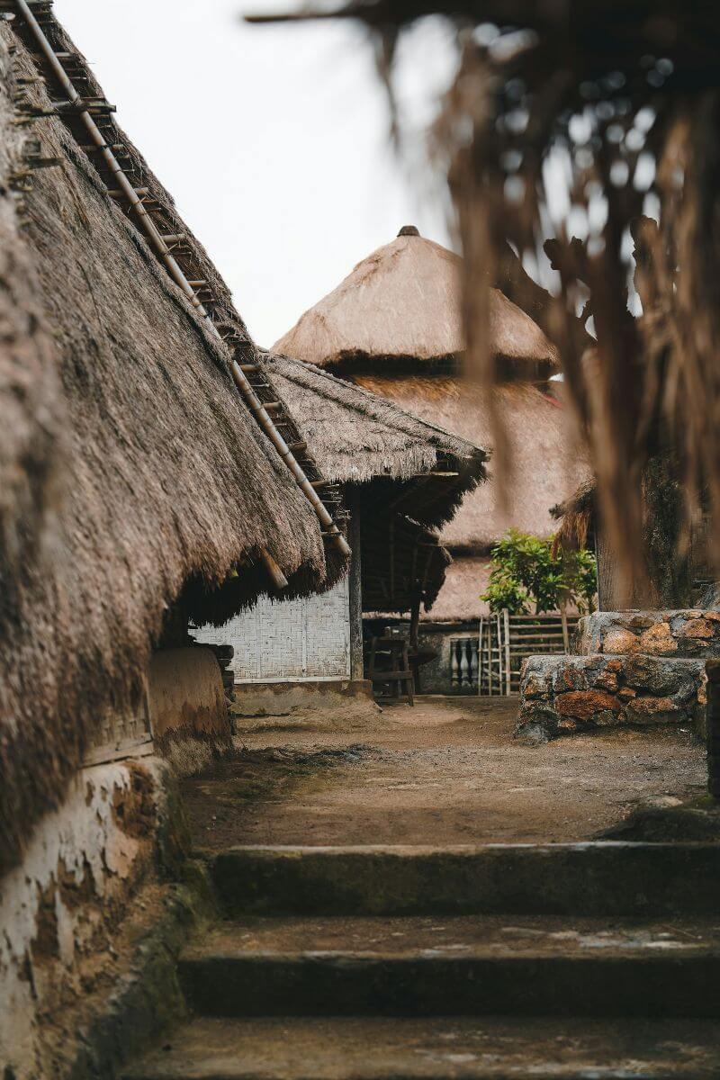 thatched roof house view from stairs
