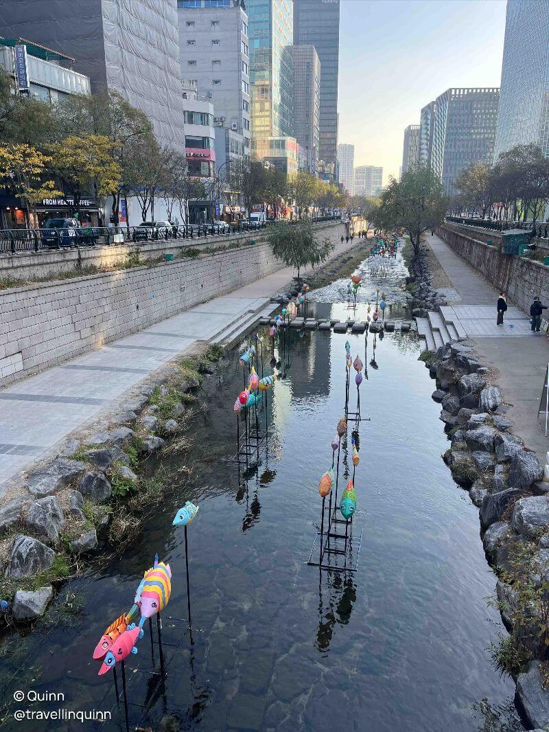long stream of clear river between city buildings