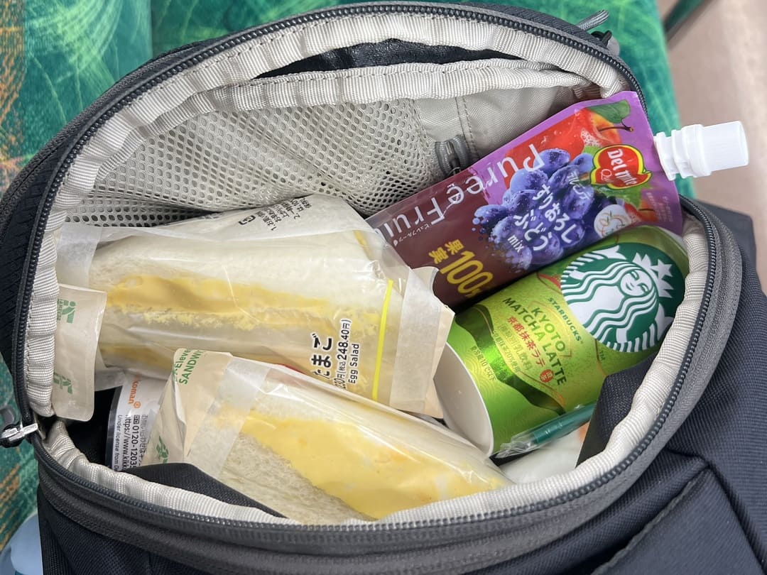 an array of snacks in a daypack in preparation of hiking in the japanese alps