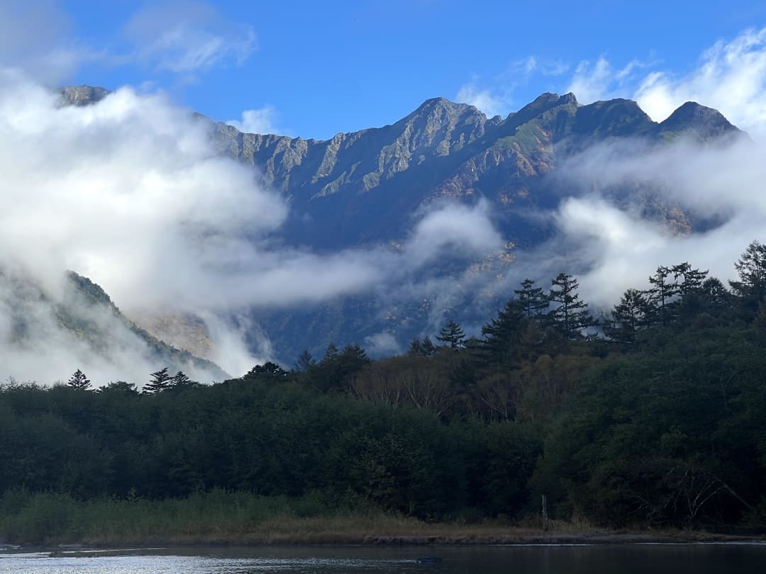 views of mount yake along taisho pond, kamikochi