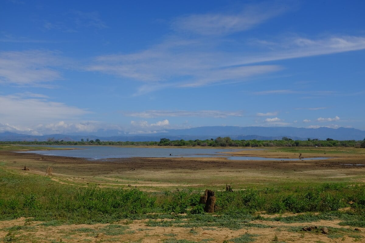 A vista across the savannah of Udawalawe National Park in Sri Lanka with a lake and montains
