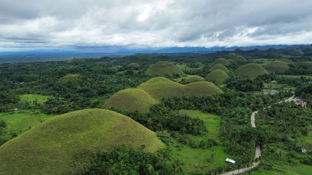 drone shot of chocolate hills in bohol, philippines